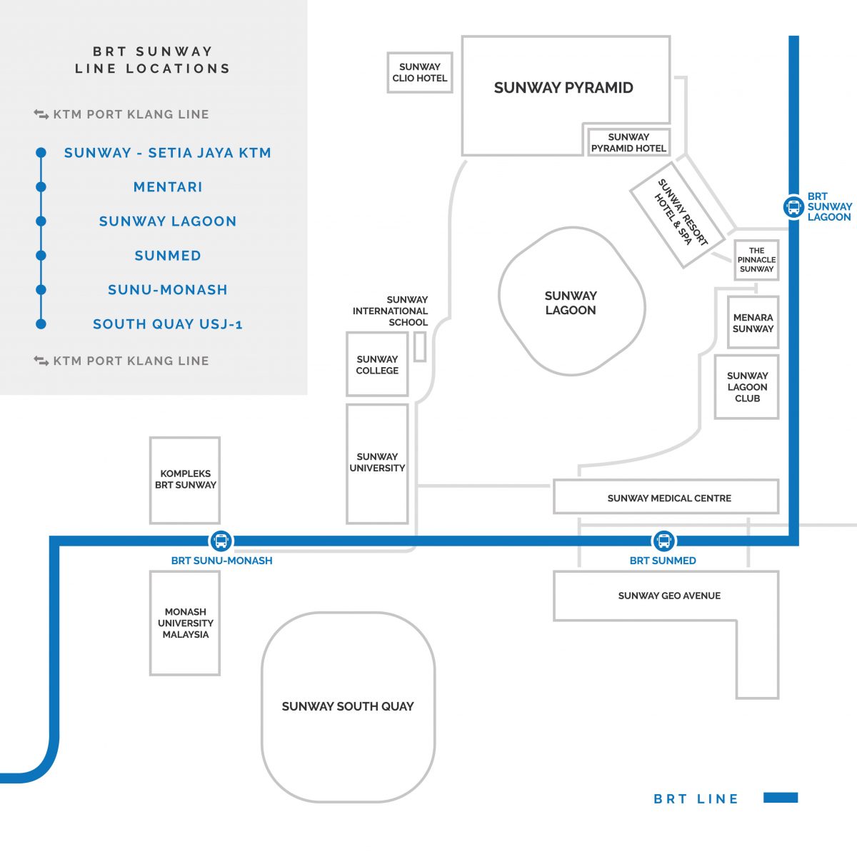 BRT sunway line locations: Sunway - Setia Jaya KTM, Mentari, Sunway Lagoon, SunMed, SunU Monash, South Quay USJ-1