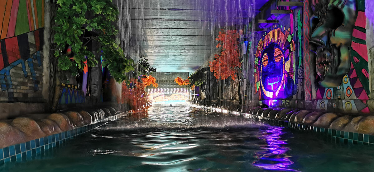 The illuminated neon painted wall, Zambezi River at Sunway Lagoon