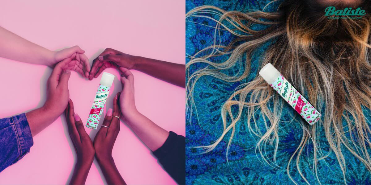 Cult Hero Batiste Dry Shampoo amidst six hands forming a heart shape amidst a pink background, A woman’s hair alongside the Batiste Dry Shampoo spray bottle 